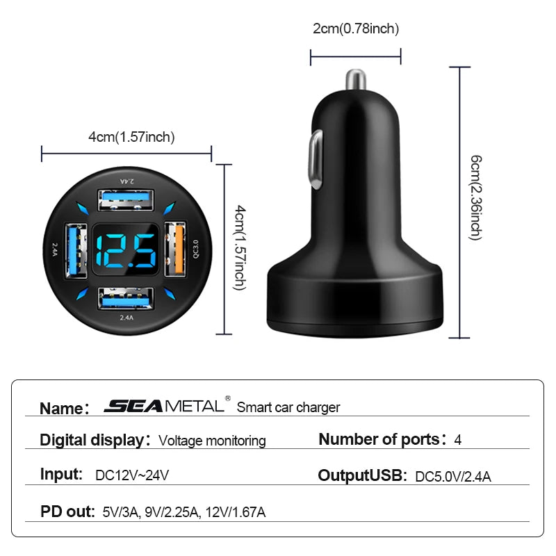 66W Quick Charge Car Phone Charger PD+QC3.0 4 Ports USB Fast Charging Cigarette Lighter Adapter Socket for IPhone Xiaomi Samsung